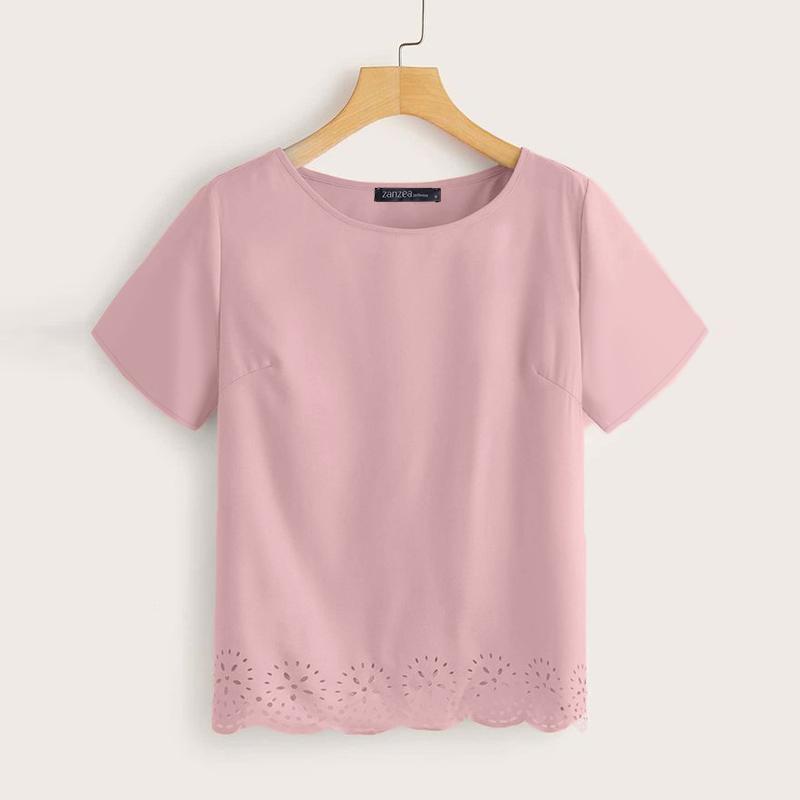 

ZANZEA Женская повседневная летняя блузка с круглым вырезом и коротким рукавом S розовый
