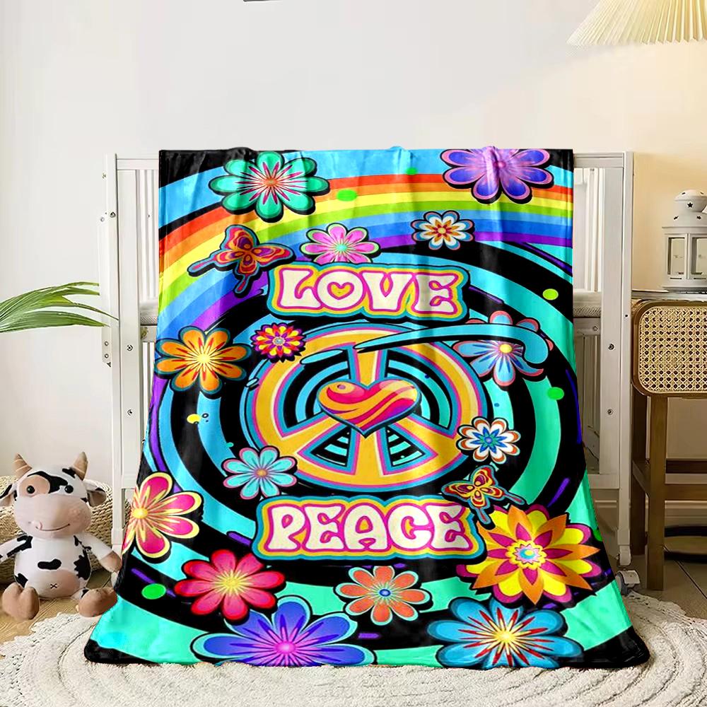 Love & Peace Rainbow Floral Design Blanket Flannel blanket for bedroom, living room, sofa, and nap sofas.