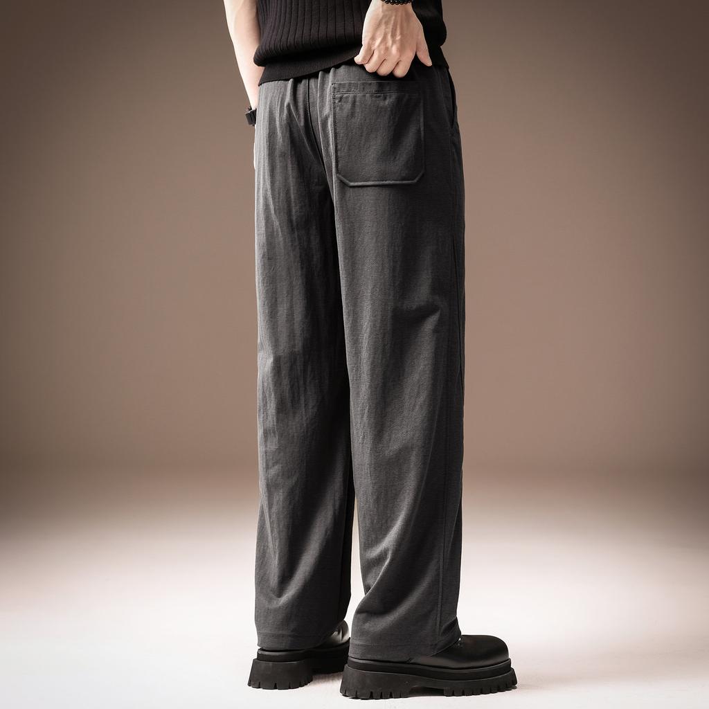 High-end Lyocell Tencel linen cool casual pants men's summer thin pleated trendy brand straight vertical trousers