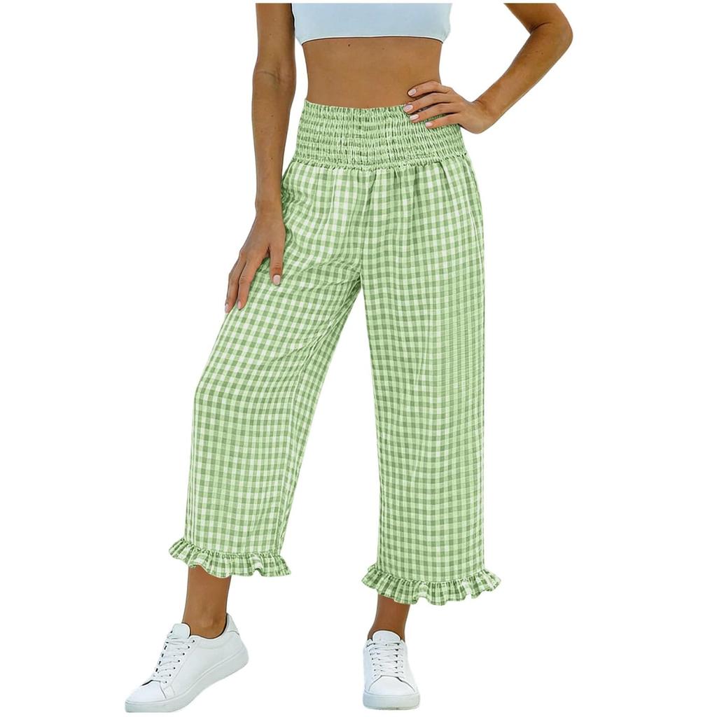 Women's Fashion Ruffle Hem Tartan Pocketed Pleated High-Waisted 9/10 Straight Leg Sporty Loose Casual Pants
