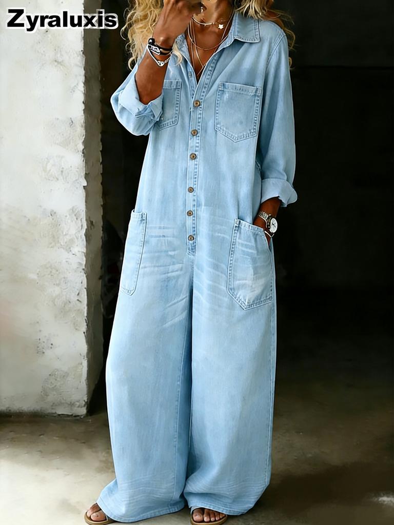 Streetwear Vintage Široké Kalhoty Kombinéza se Stojáčkem Dlouhý Rukáv Dámské Džínové