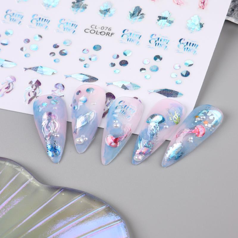 Embossed Jellyfish Jellyfish  Ocean Nail Art Sticker Self Adhesive Marine Starfish  Nail Decals Manicure Diy Supplies Nails Slid