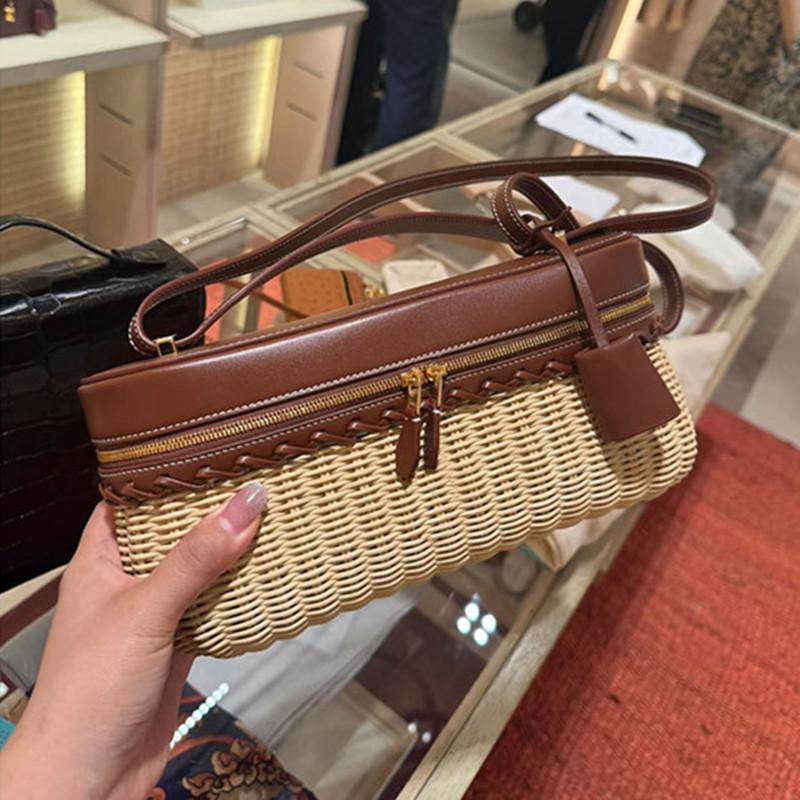 2025 Luxury Designer Fashion Woven Bamboo Box Bag Women Trendy PU Leather Splicing Rattan Handbags Travel Versatile Shoulder Bag