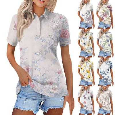 Women's Fashion Casual Button Short Sleeve Floral (Gradient Stripes) Printed Lapel Top