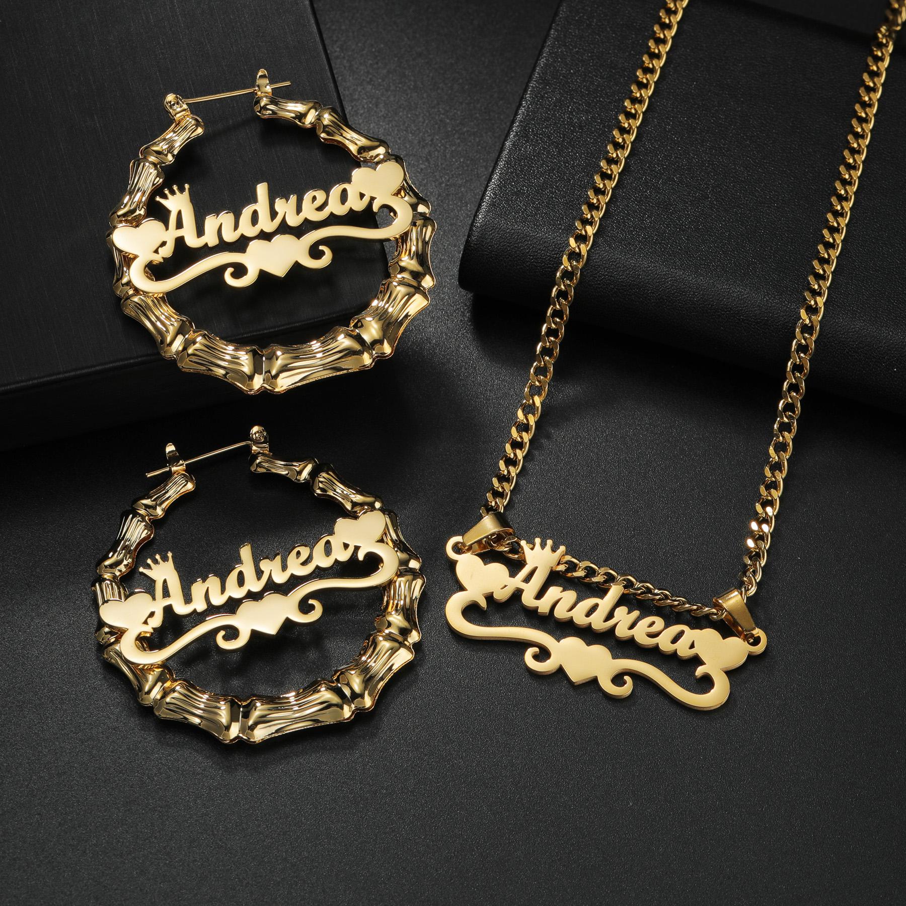 

Atoztide Custom Name Necklace Bamboo Earring Stainless Steel Jewelry Set For Women Personalized Heart Cuban Chain Birthday Gift 40mm earring&60cm necklace