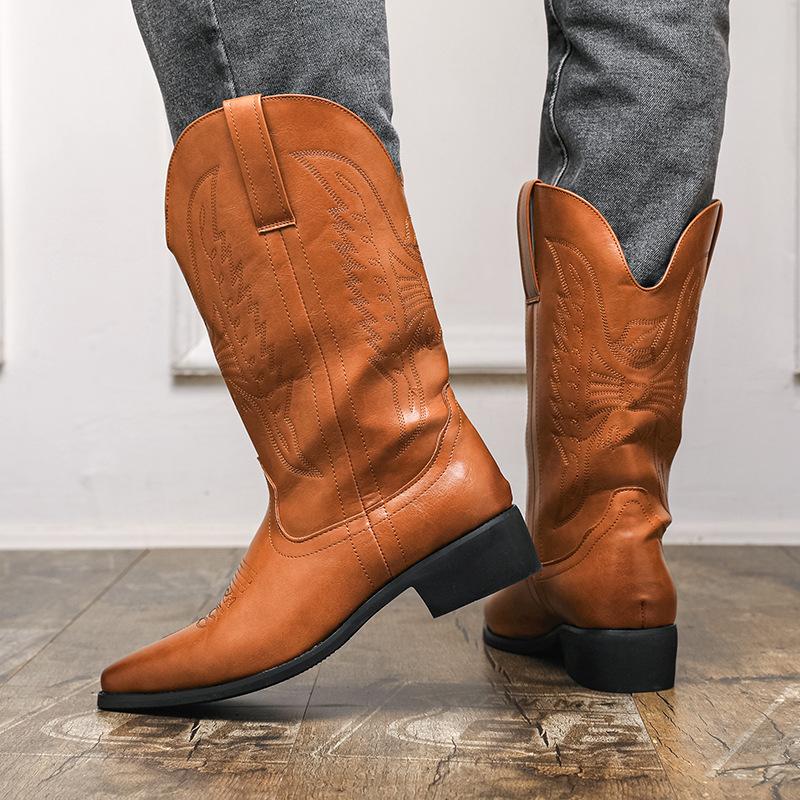Autumn and winter new high boots boots cowboy boots embroidered pointed high heel western size leather boots