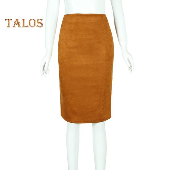 Fusta creion pentru femei, cu talie înaltă, cu șold înfășurat, de culoare uni, din piele de căprioară, cu design cu fantă în spate, cu fermoar, până la genunchi.