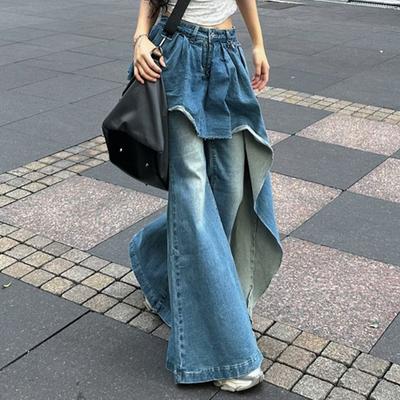 Slightly Fat Spice Girl Design Sense Irregular Splicing Jeans Women Autumn Fake Two-piece Thin Flared Pants
