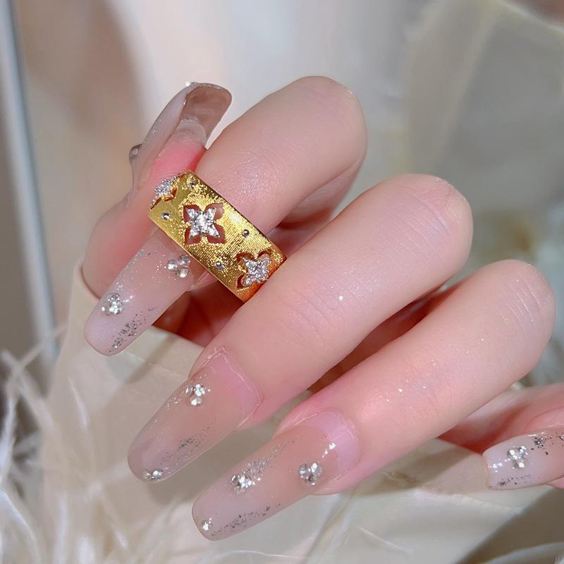 Women's Retro Industrial Gold-Plated 18k Ring with Brushed Finish and Diamond Inlays - Luxury, High-End Style