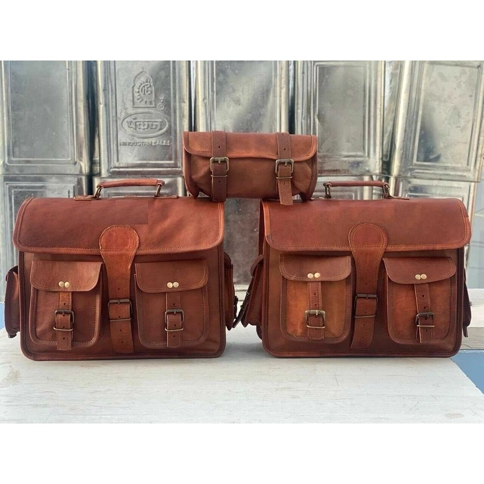 Goat Leather Motorcycle Saddle Bags Side Pouch Panniers Largest 3 Bags