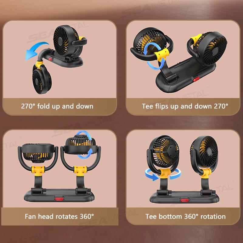 SEAMETAL Car Dual Headed Fan 360° Degree Rotation 2 Speeds Adjustable USB Auto Air Cooling Fan