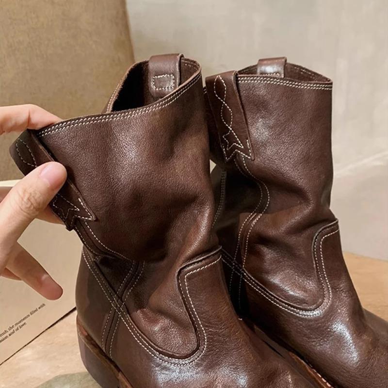Women's Cowboy Boots Mid Calf Boots Western Short Embroidered Round Toe Low Heel Slip on Comfort Dress Slouchy Booties