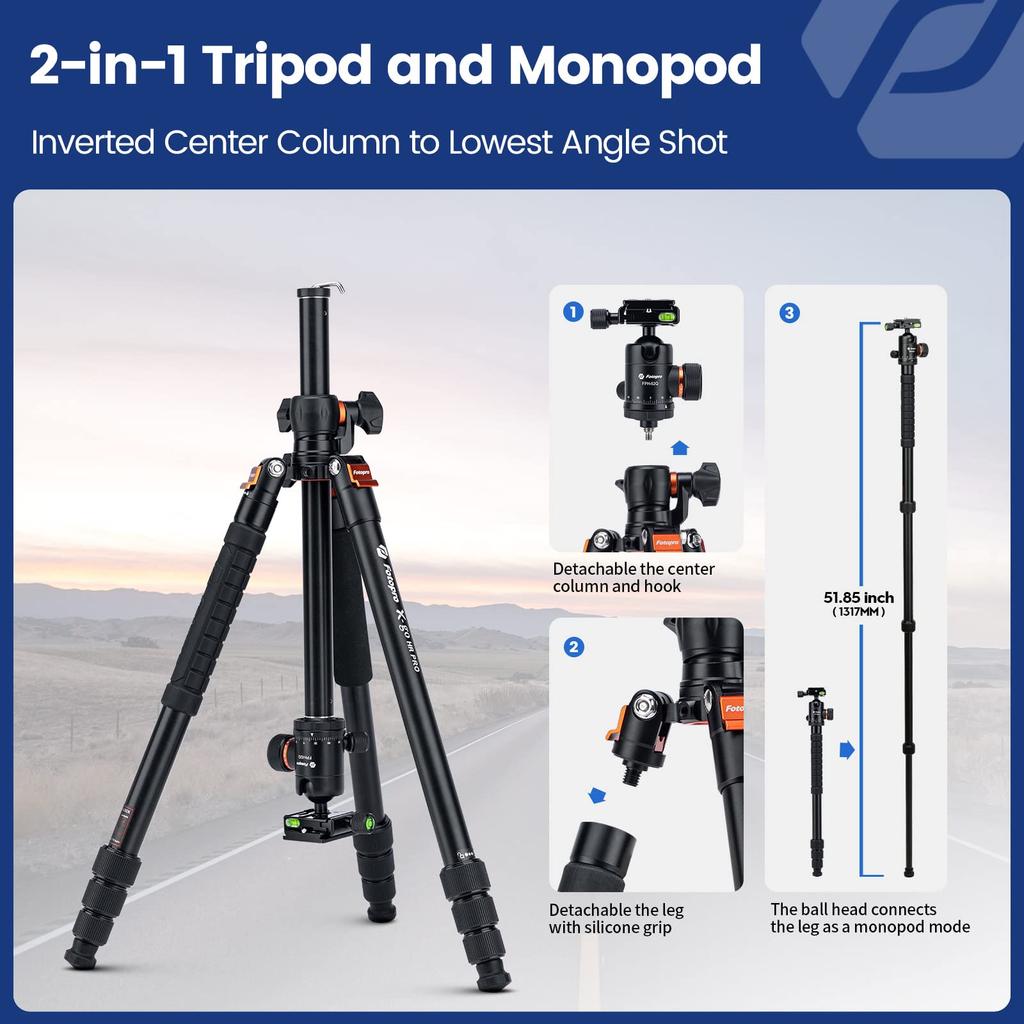 Fotopro 160CM Overview Tripod Camera Tripod Horizontal 360 Tripod Portable Monopod with Ball Head 10KG Load Capacity Quick Release Plate for Travel