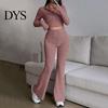 Thread Tracksuit 2 Pcs/Set Women Spring Commuting Outfit Top Flared Pants Set Zipper Closure Slim-fitting Suit Stand Collar Coat High Waist