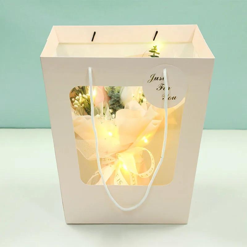 Trapezoidal Windowed Tote Bag Doll Bouquet Packaging Gift Paper Bag Flower Potted Plant Paper Bag Transparent Flower Tote Bag