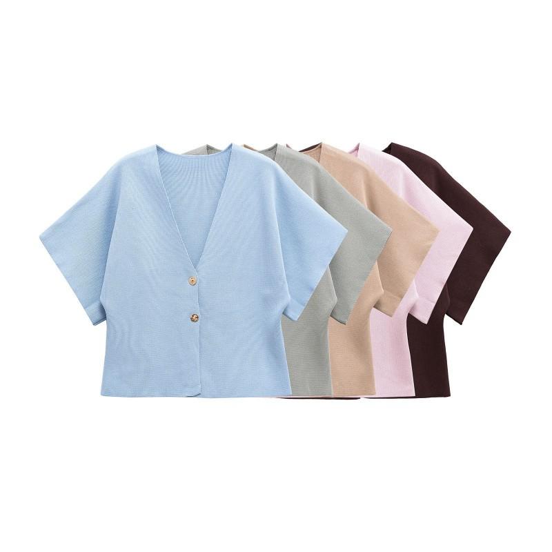 Womens Minimalist Knit Cardigan V-neck 5 Sleeve Button Detail Street Style Solid Color Top
