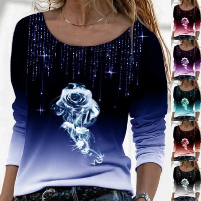 Dames Grote Maten Lange Mouwen Losse Ronde Hals Casual Pullover Creatief Rozenprint T-shirt