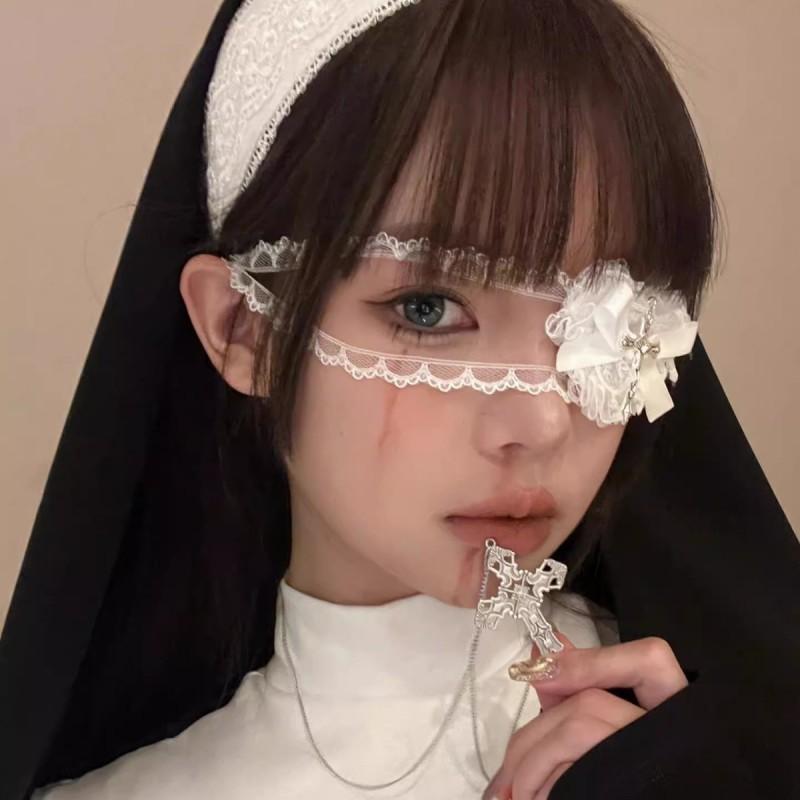 Gothic White Lace Heart Eye Mask Punk Sweet Cool Halloween Costume Accessory Dark Cross Cosplay Prop