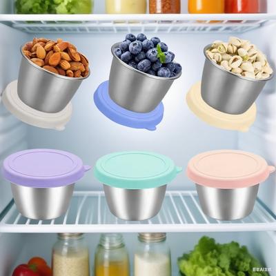 6pcs/set Stainless Steel Snack Container Bowl Salad Dressing Box With Lids 50/70ML For Picnics,barbecues,office Lunches,catering