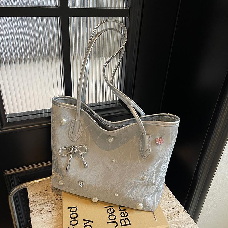 Pu Leather Large Capacity Women's Handbags Sweet Bow Pearl Decorati Ladies Shoulder Bag Portable Solid Color Female Tote Bag