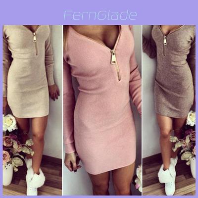 Robe Pull Tricotée Bodycon Mini Élégante pour Femme avec Fermeture Éclair et Col en V à Manches Longues pour Fête, Soirée, Toutes Occasions