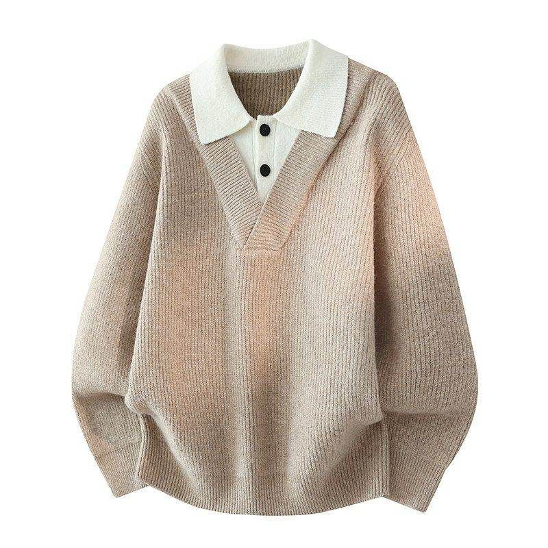 Dongjie No Logo Flus Spring Smoke Color Sweater Men's Fake Two-Piece Long Sleeve Loose Knit Top