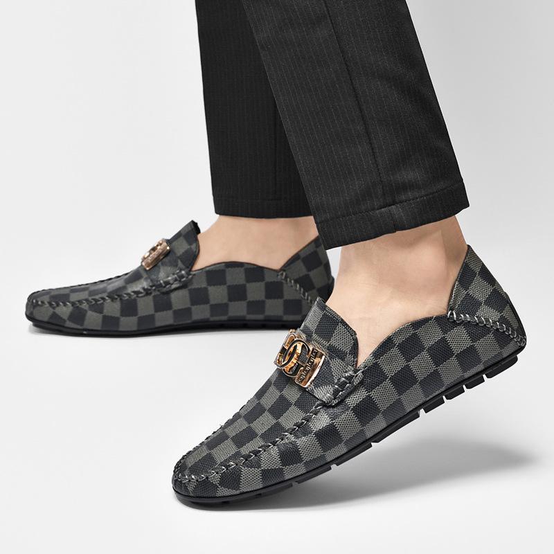 0022 Men'S Shoes Loafer Leather Shoes One-Pedal Flat-Soled Casual Doudou Shoes Spring Low-Top Foot Plaid Cowhide Surface Single Shoes