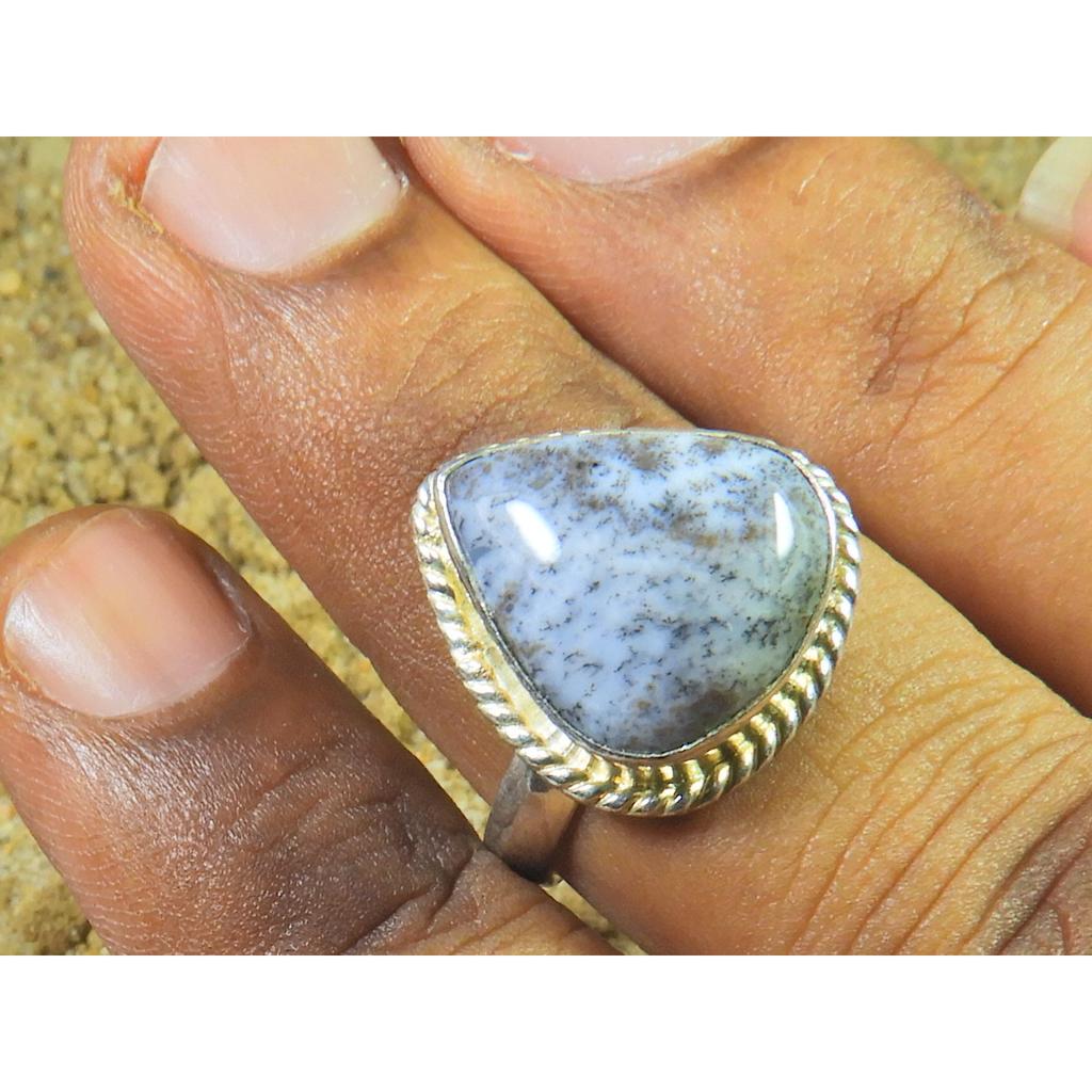 Natural Dendrite Opal 925 Sterling Silver Pear Handmade Ring Gift US-8.5 MK-50