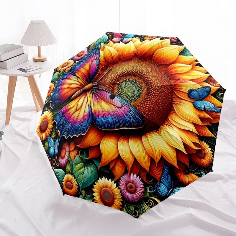 1pc Butterfly Sunflower Automatic Folding Umbrella   Compact 8 Rib Design, Durable Iron Frame for Travel, Outdoor,  a0920112