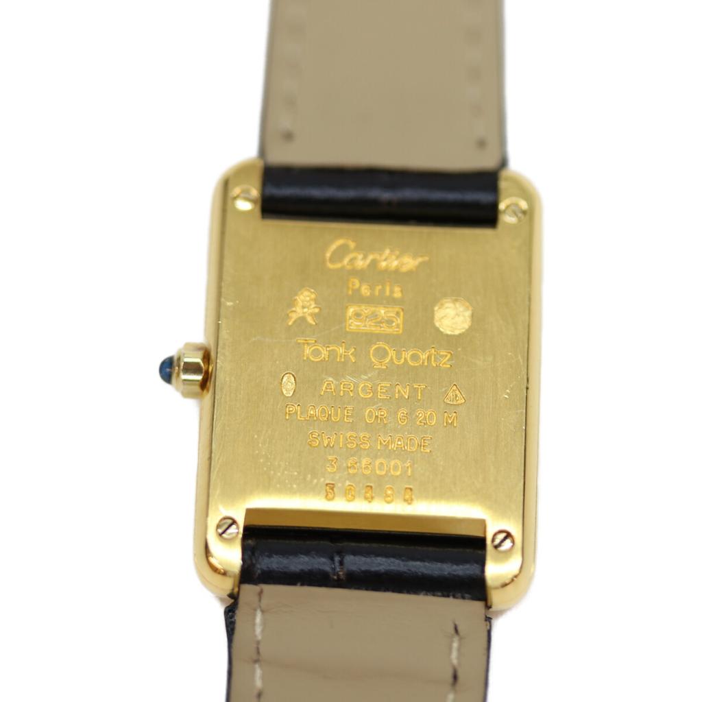 Cartier 82-95 925 Must Tank Vermeil SM Champagnerfarbenes Zifferblatt QZ Lederuhren Schwarz / Gold Gebraucht
