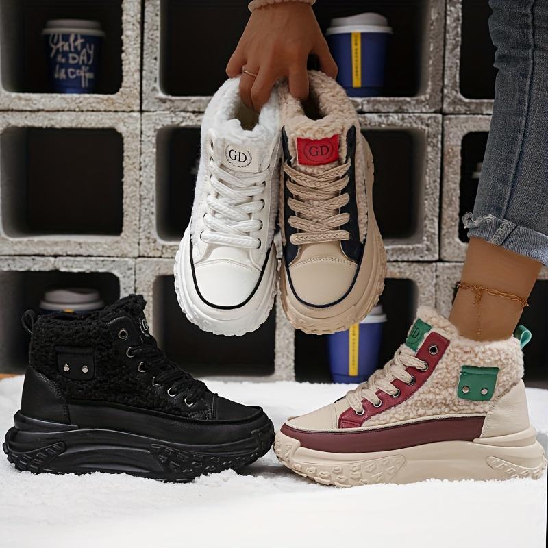 Stylish Winter Women's Thick-Soled Ankle BootsWhite & Pink Accents for Casual Attire, Everyday Footwear, Durable Traction Footwear