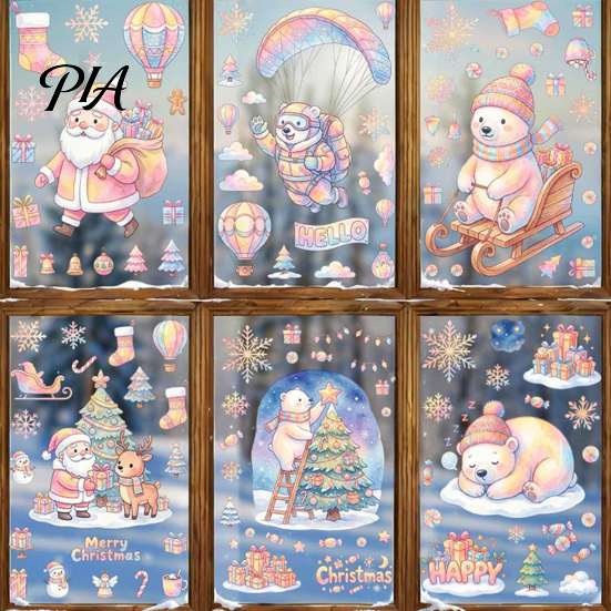 Winter Wonderland Ornaments 9Pcs Christmas Window Clings, Macaron Static Stickers, Glue Free Glass Stickers with PVC Decoration Sheets Santa Claus and