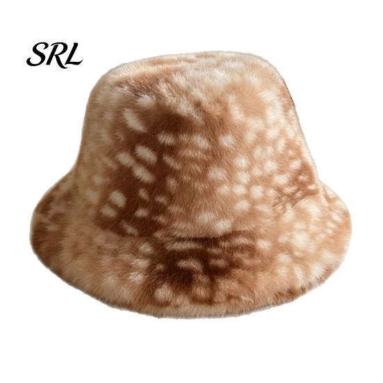 Cute Deer Print Hat Women Spotted Hat, Faux Fur Bucket Winter Scarf, Fisherman Soft Cozy Furry for Girls, Autumn Accessory Brown White Gradient
