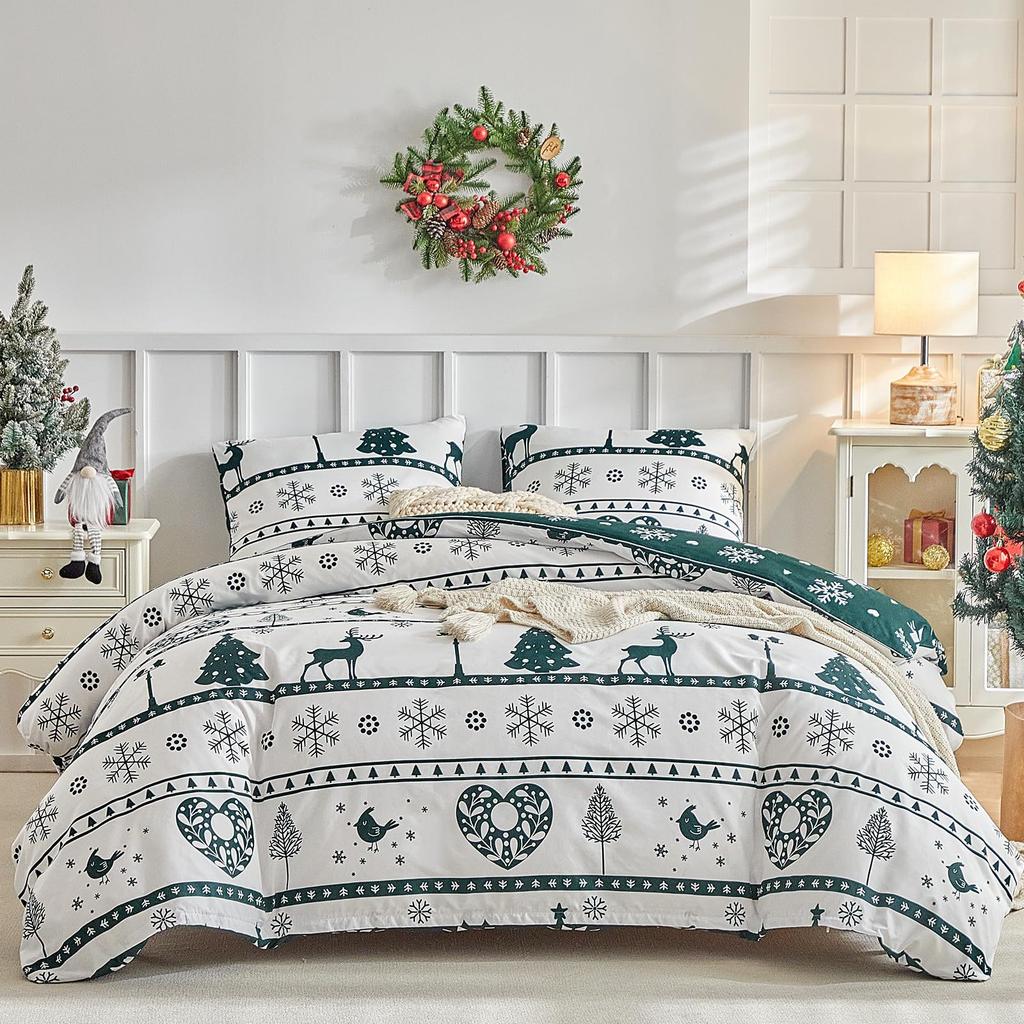 Christmas Snowflake Plaid Printing Quilt Cover Home Textile Bedding Three-Piece Set