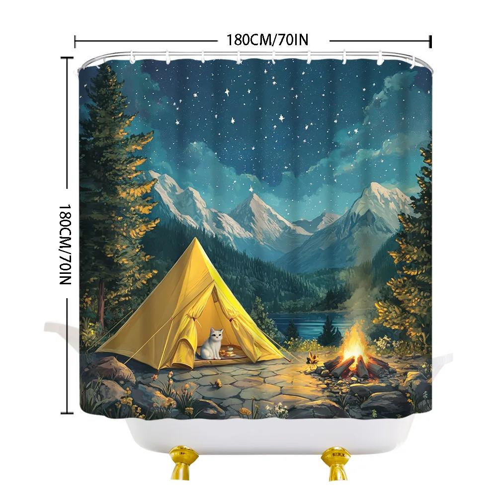 Serene Nighttime Campsite Shower Curtain - White Cat, Yellow Tent & Starry Sky, Tranquil Lake & Mountains, 12 Hooks, Polyester