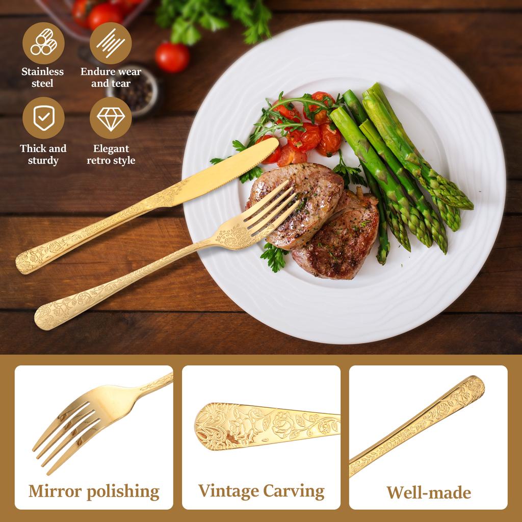 20pcs Silverware Set Floral Carved Stainless Steel Flatware Mirror Polished Cutlery Including Fork Spoon Knife Dishwasher Safe