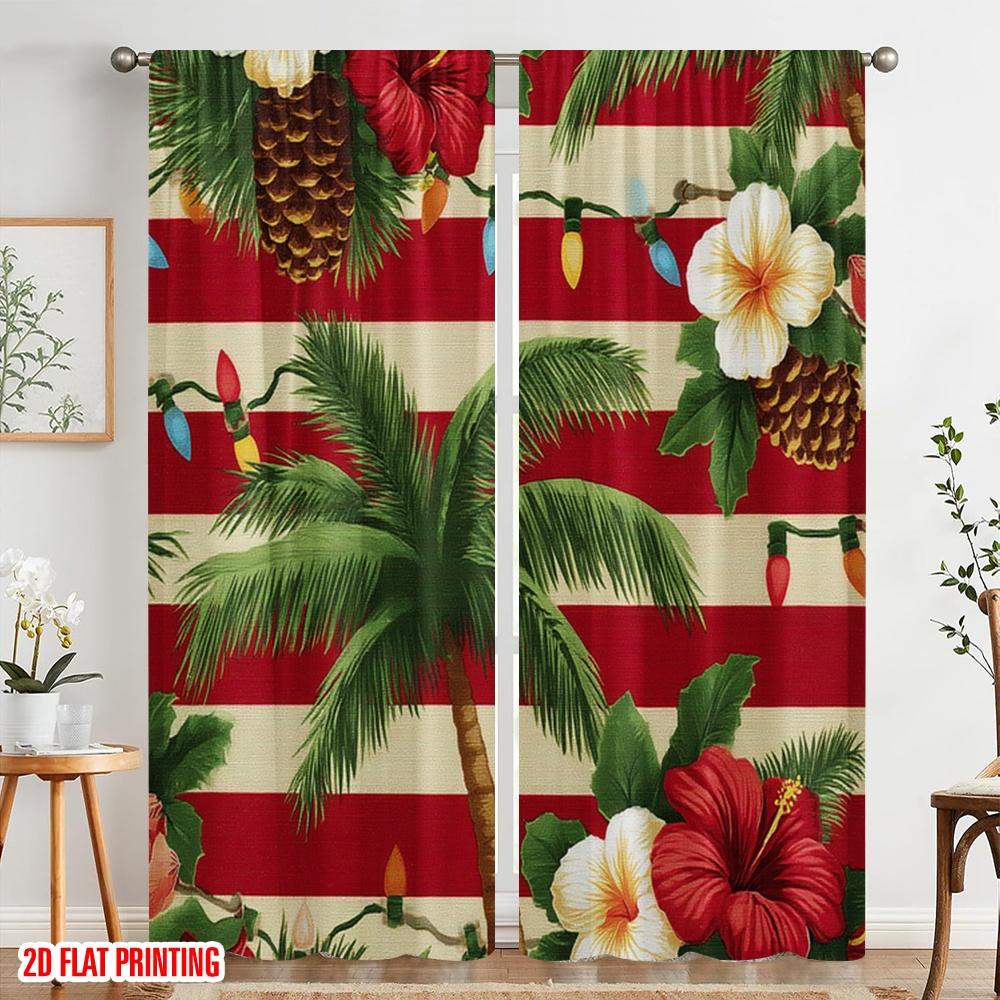 2 Stück, 2D-Flachdruck Vorhang Beliebte tropische Santa Strandszene mit Palmen & Ozean Langlebiges Polyester (ohne Stange)