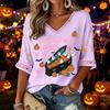 Women's V-Neck Three-Quarter Sleeve Halloween Print Blouse for Party and Costume Wear