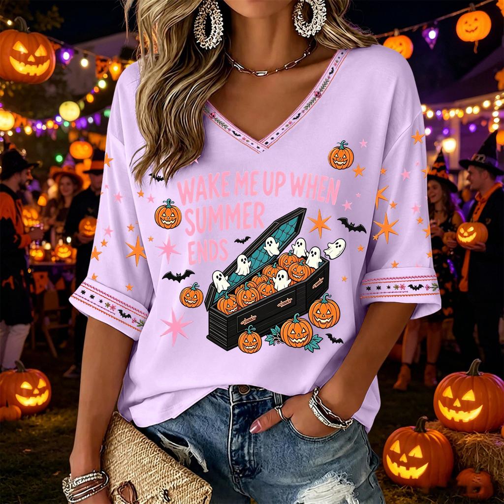 Women's V-Neck Three-Quarter Sleeve Halloween Print Blouse for Party and Costume Wear