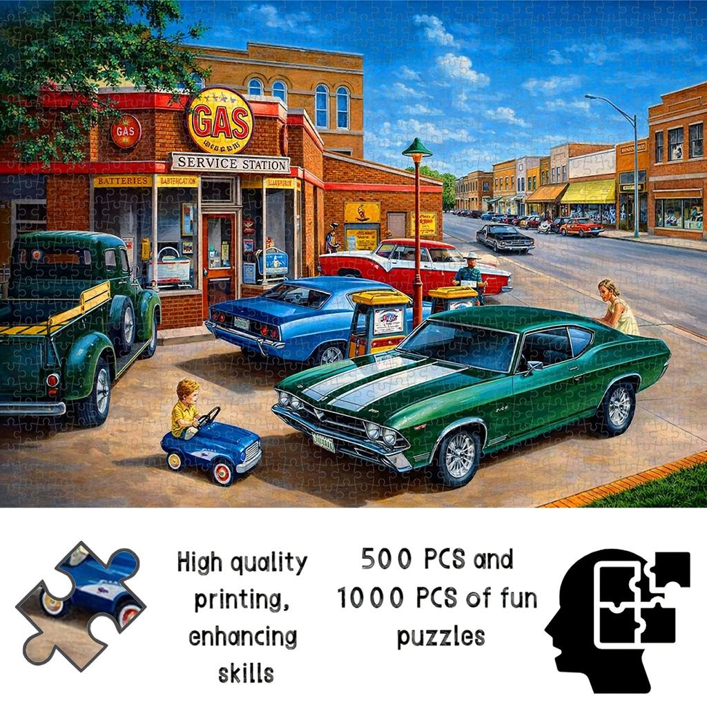 500/1000pcs Puzzle Game (Nostalgic Town Gas Station Retro Car Group Daily) Suitable for Living Room Decoration, Wedding Home Setup, Gift Packaging, Ji