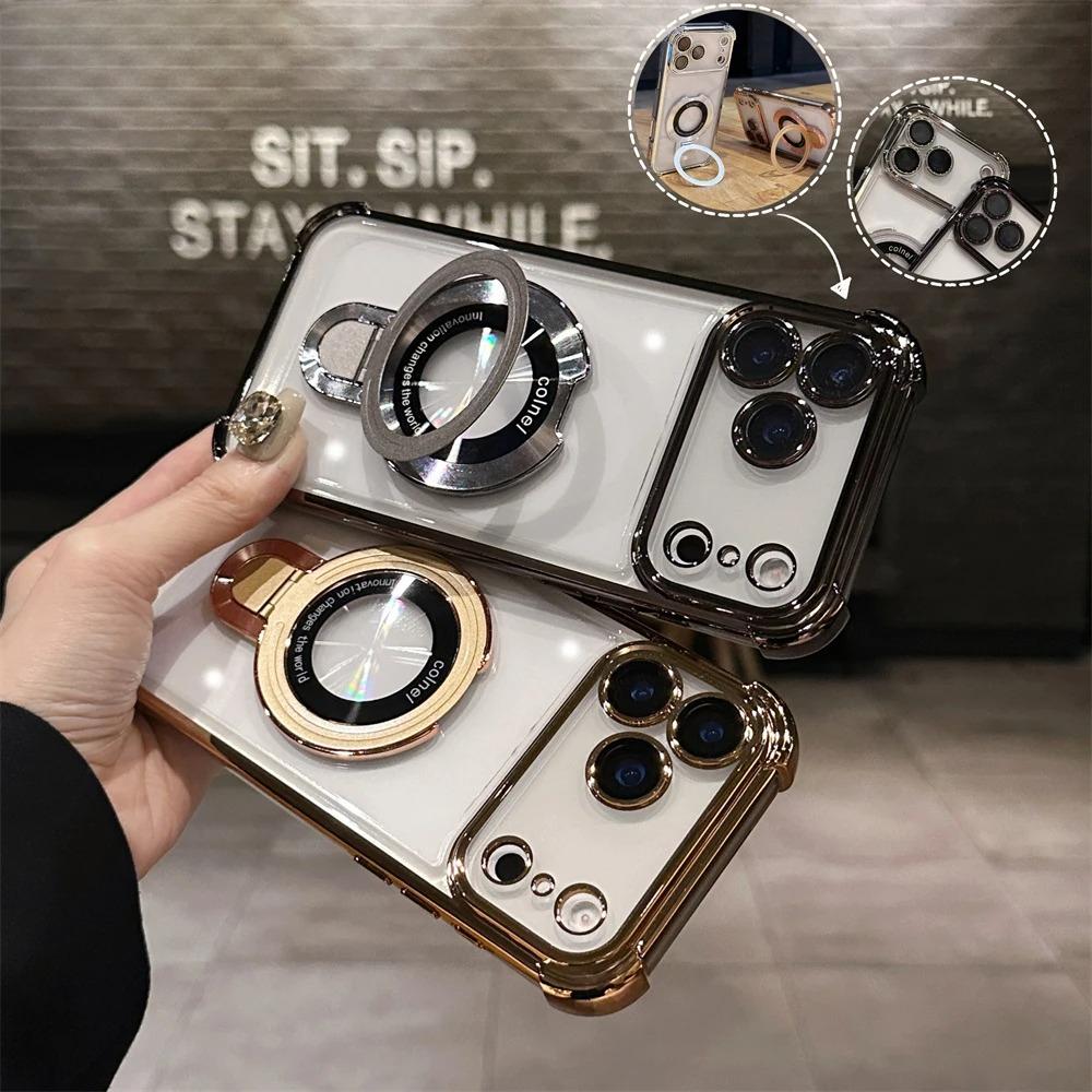 Fashion Plating Armor Magnetic Bracket Transparent Cases For iPhone 17 Air 16 Pro Max Four Corner Airbag Enhance Anti-Drop Cover