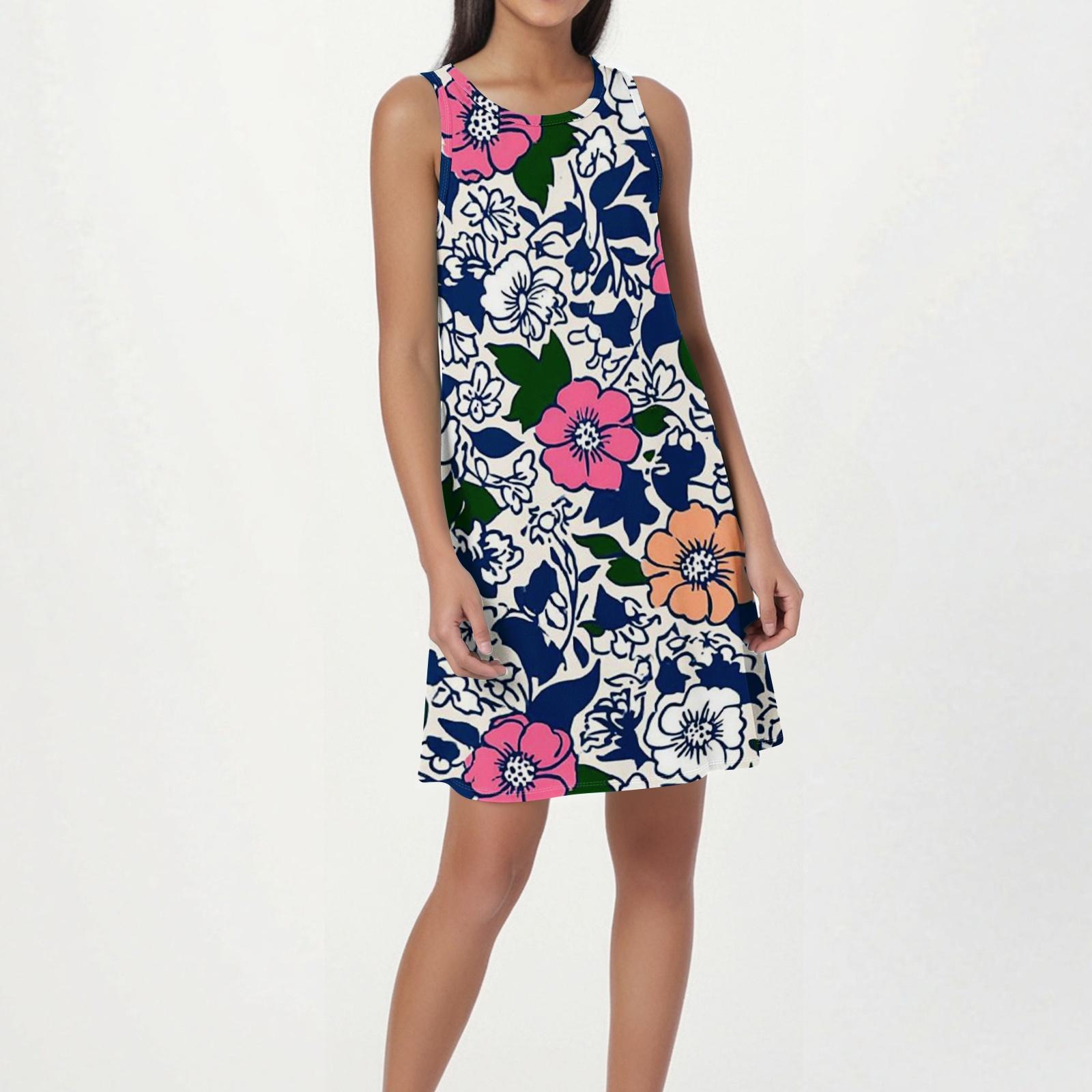 Women s Fashion Beach Dress Sleeveless Round Neck Floral Print Dress L