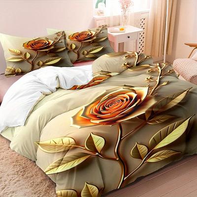 3-teiliges minimalistisches modernes Kunststil 3D-Blumen-Daunendeckenbezug-Set, 1 * Bettbezug + 2 * Kissenbezüge, Ohne Füllung, Golden
