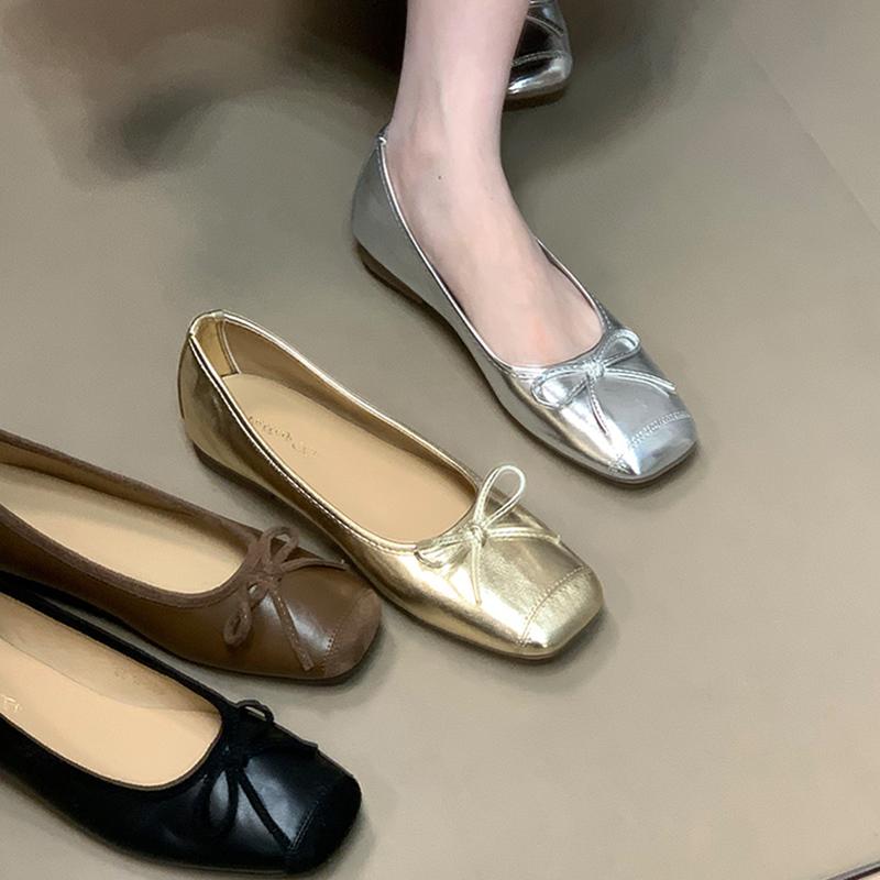 Designer Silvery Women Flats Shoes Concise Soft Leather Eelgant Butterfly-knot Mary Jane Shoes