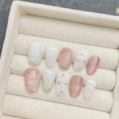 HANDMADE Artificial Nail Pink Heart Gilded Ice Transparent Phototherapy Nails Fake Nails Reusable and Removable Nails