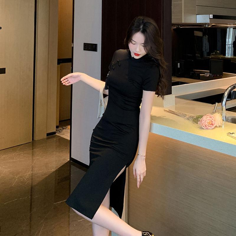 Chinese Retro Buckle Improved Cheongsam Skirt Children's High-end Black Dress Summer Waist Split Hip Skirt