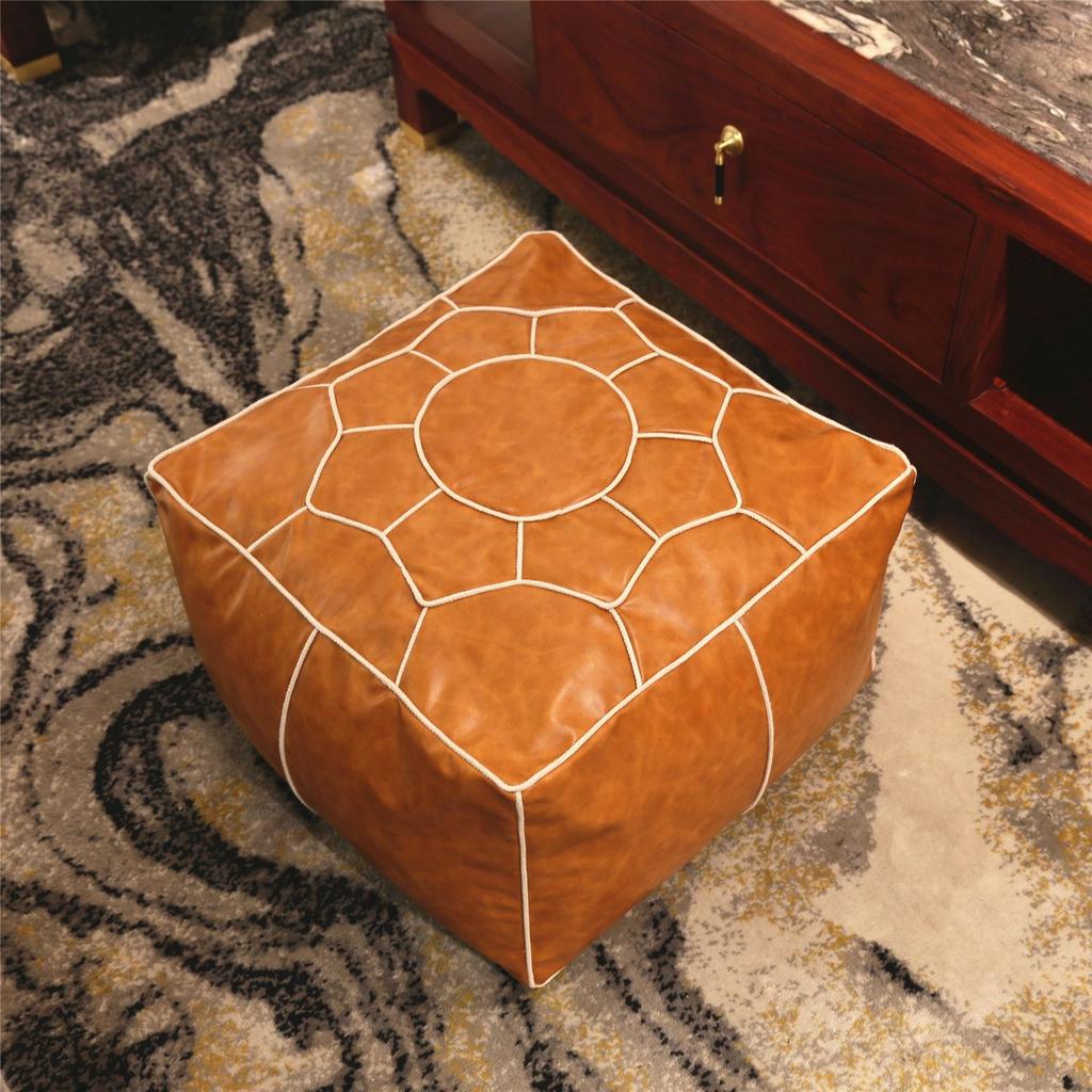 Embroider Craft Moroccan Cushion PU Leather Pouf Floor Seat Hassock Ottoman Footstool Large Unstuffed Tatami Cushion Futon