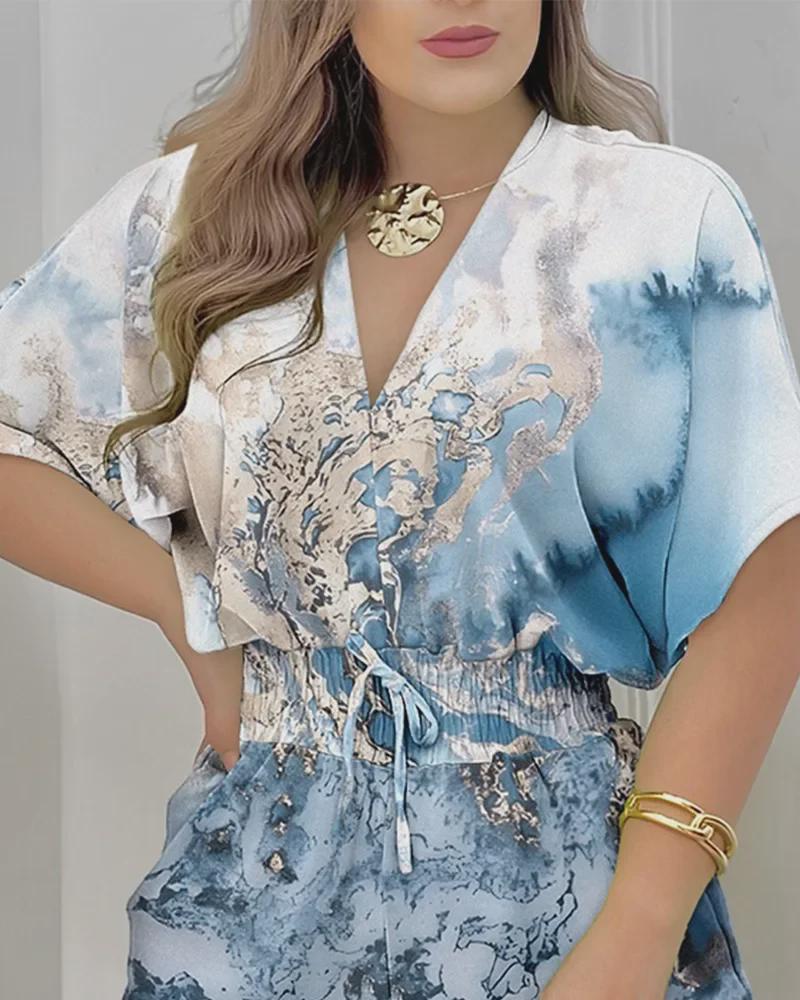 2023 Summer Women's Short-Sleeve V-Neck Tie-Up Jumpsuit