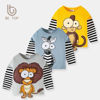 Spring & Autumn 2025 Kids' 3D Cartoon T-shirt with Striped Sleeves - 100% Cotton for Boys