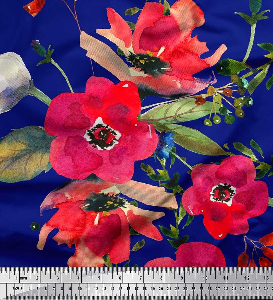 Soimoi Japan Crepe Satin Fabric Leaves & Poppy Flower Print Sewing Fabric Metre 42 Inch